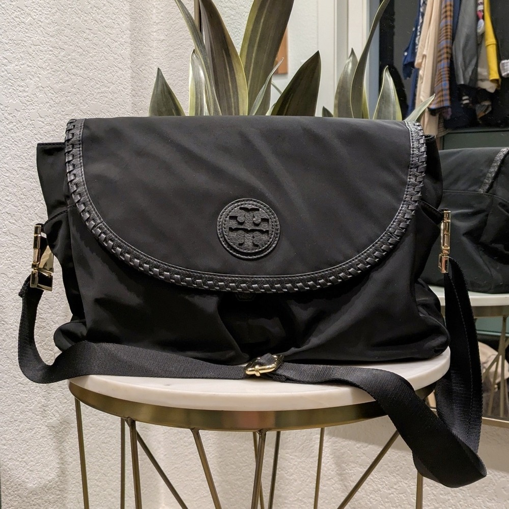 Tory Burch Marion Messenger Bag Women Medium Black Nylon Leather Trim Crossbody